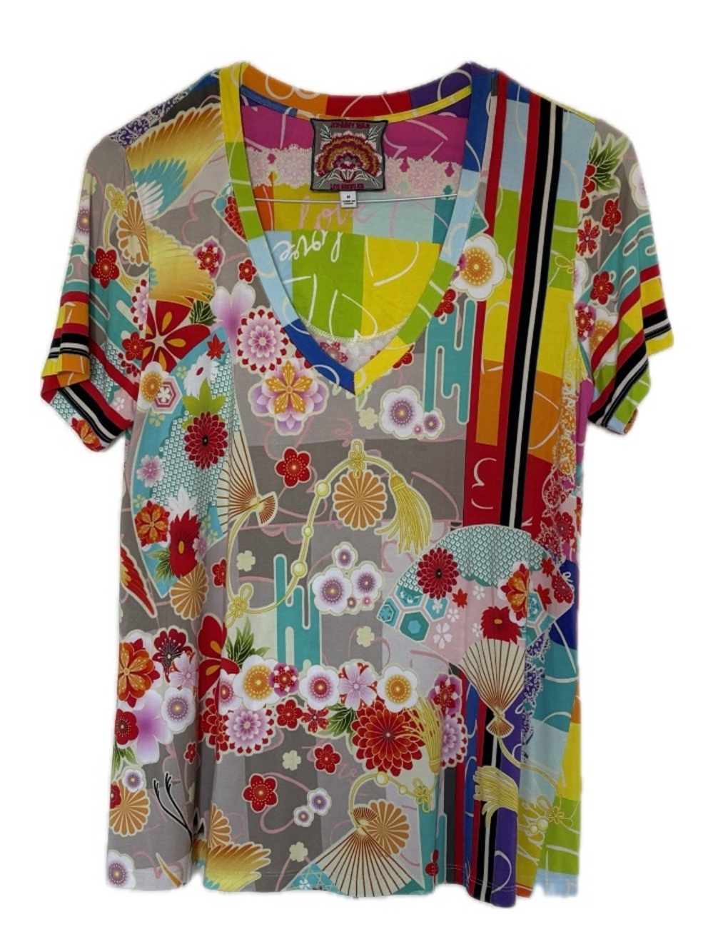 Johnny Was "Fuji Favorite" Bamboo Patchwork V-Neck Tee Women's Size M
